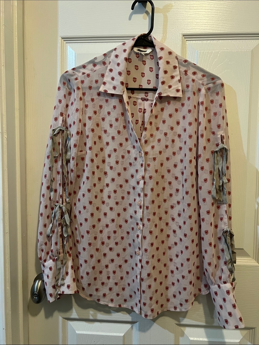 Express Sheer Heart Print Button-Up Blouse
